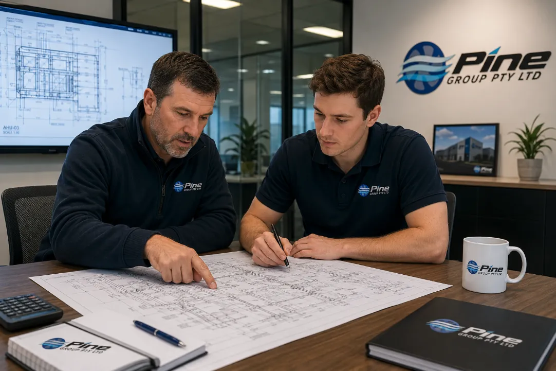 Two Pine Group engineers reviewing mechanical drawings at a desk