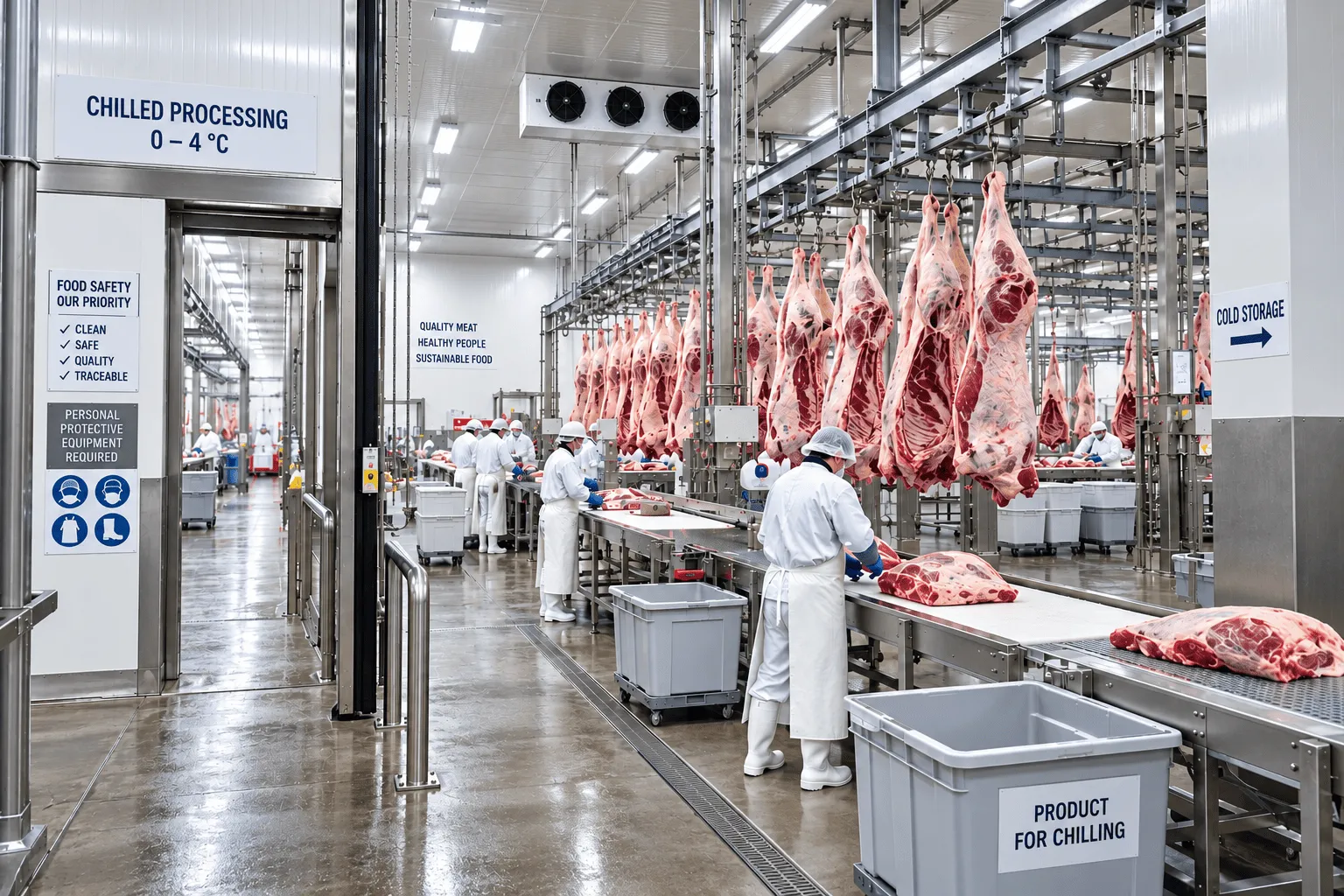 Chilled meat processing floor with staff in protective clothing