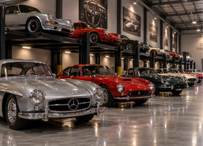 Classic cars stored in a climate-controlled car storage facility