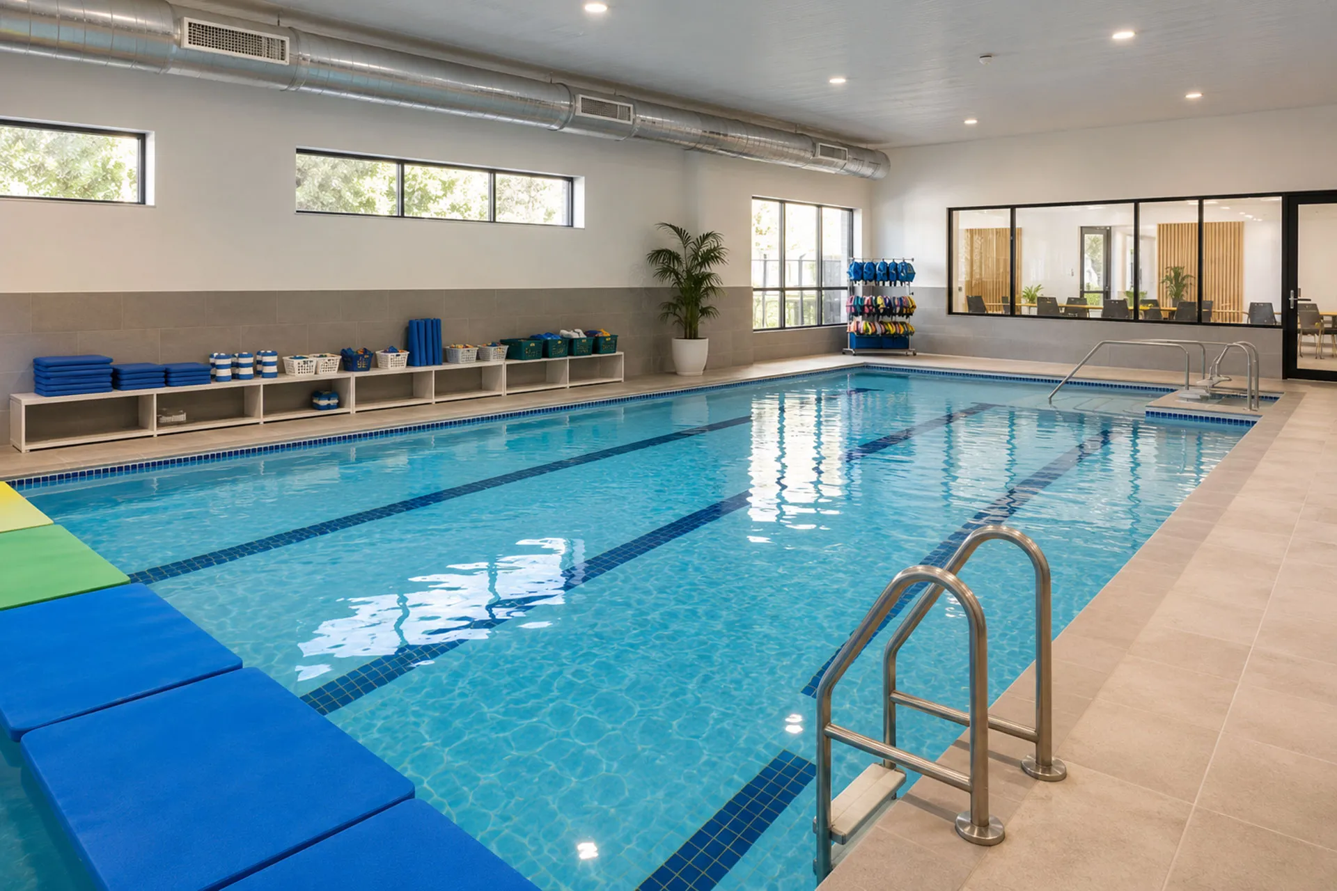 Indoor learn-to-swim pool with lane ropes and a pool ladder